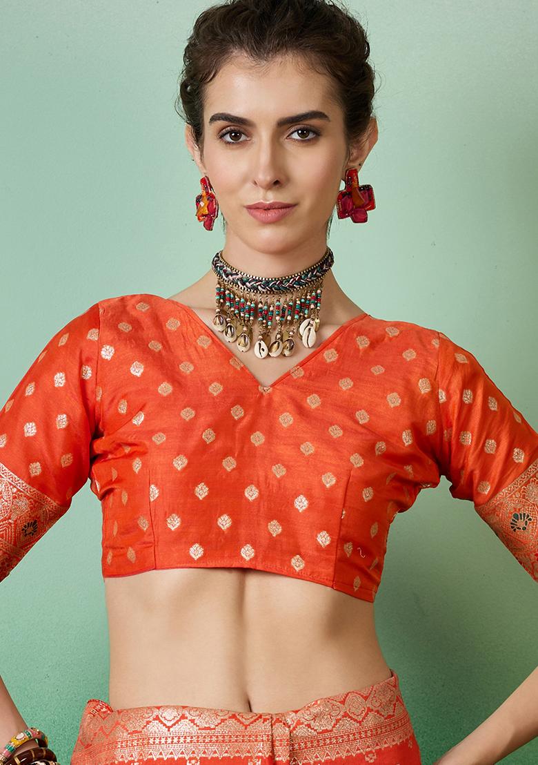 Orange Zari Woven Art Silk Saree Set - Indya