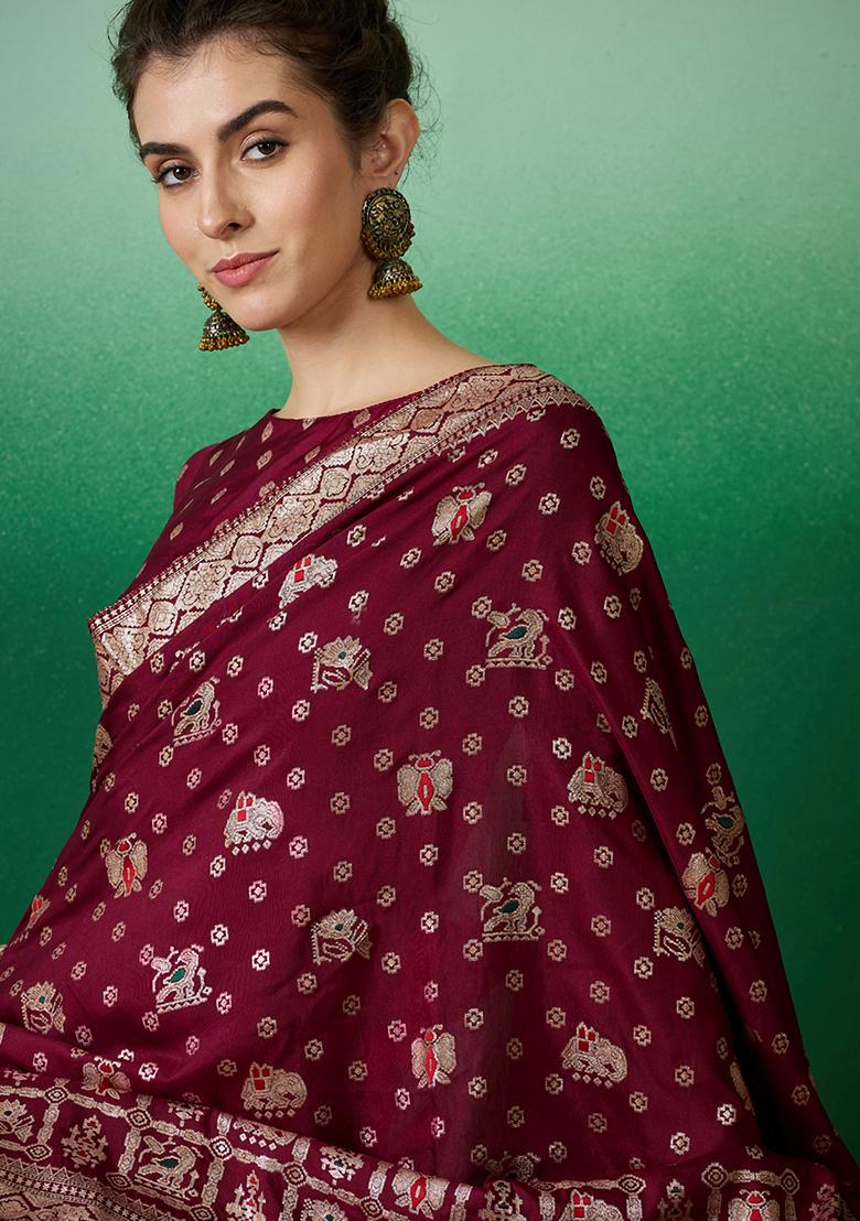 Wine Zari Woven Art Silk Saree Set