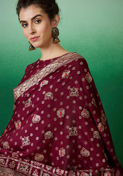 Wine Zari Woven Art Silk Saree Set