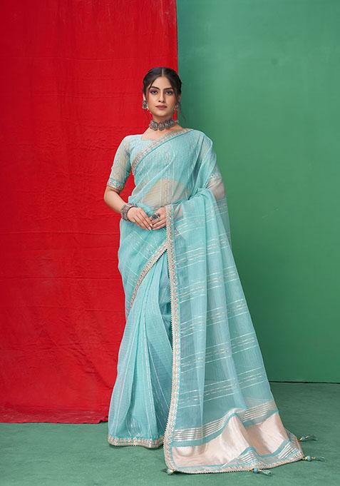 Sky Blue Zari Woven Organza Saree Set