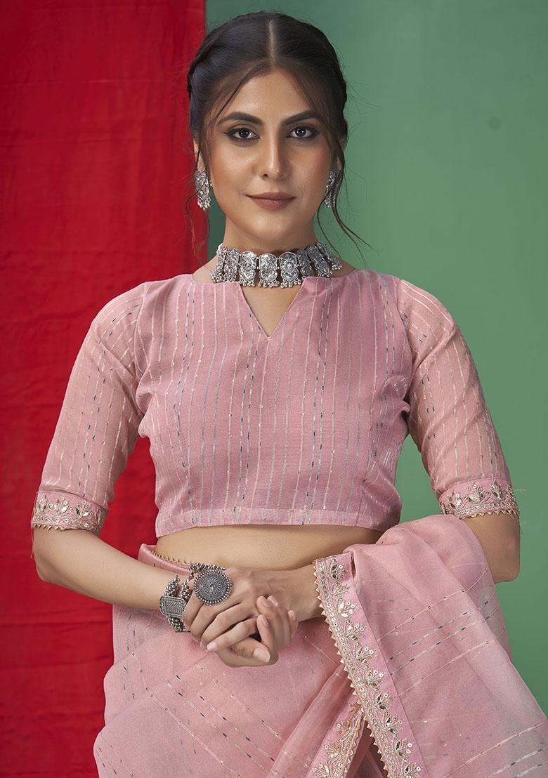 Pink Zari Woven Organza Saree Set
