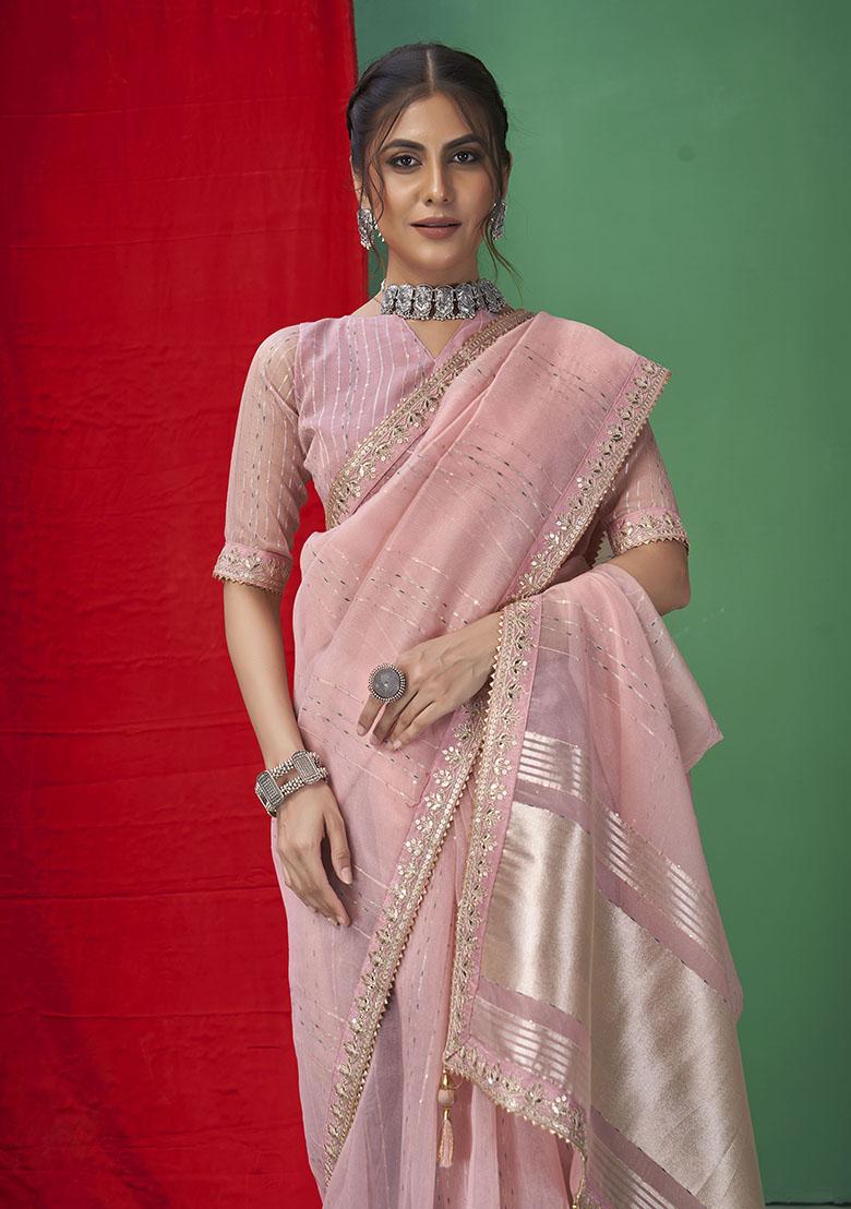 Pink Zari Woven Organza Saree Set