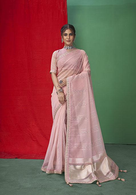 Pink Zari Woven Organza Saree Set