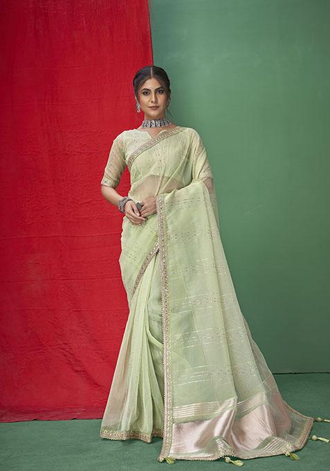 Green Zari Woven Organza Saree Set