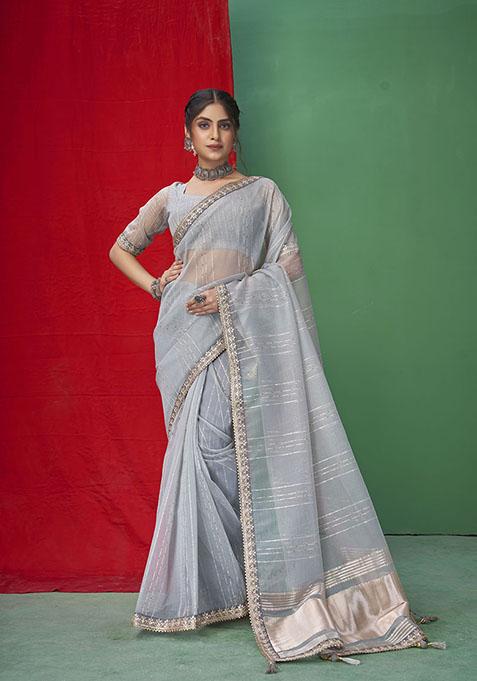 Sky Blue Zari Woven Organza Saree Set