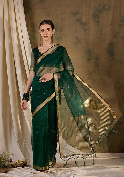 Green Zari Woven Organza Saree Set