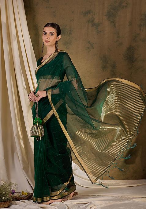 Green Zari Woven Organza Saree Set