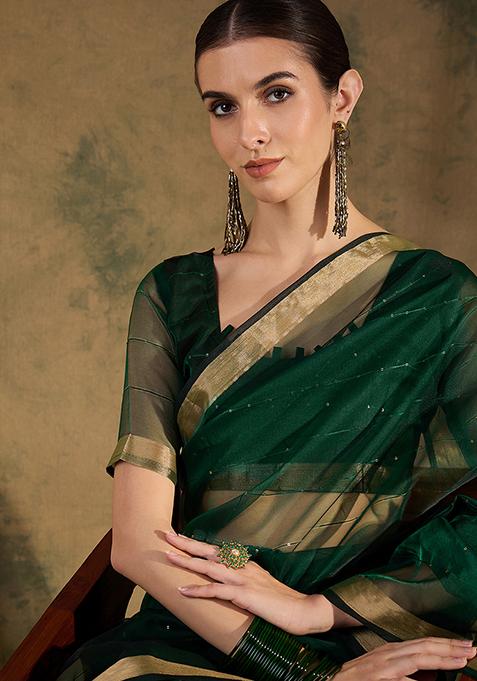 Green Zari Woven Organza Saree Set