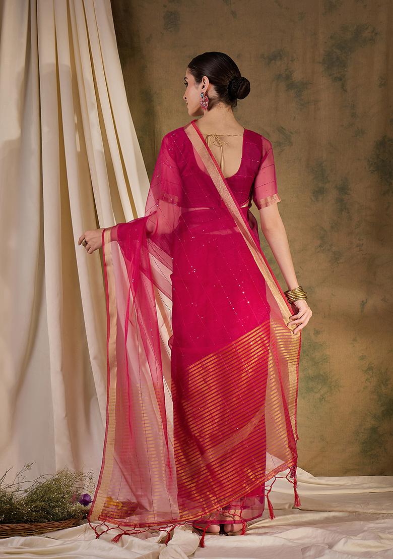Pink Zari Woven Organza Saree Set