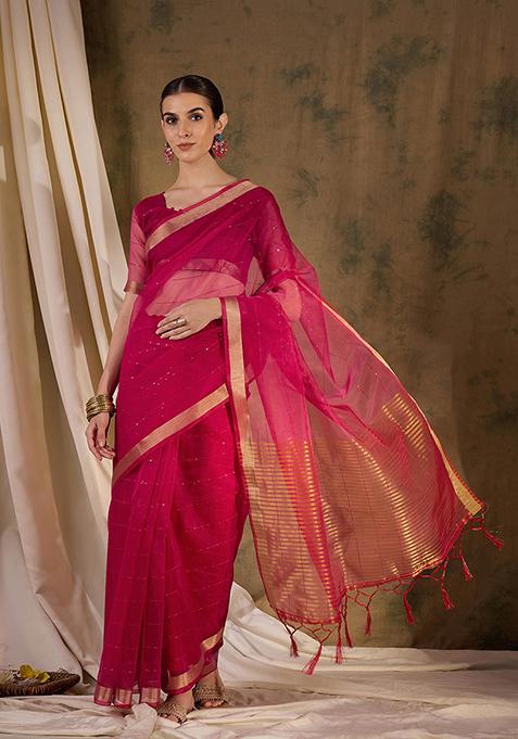 Pink Zari Woven Organza Saree Set