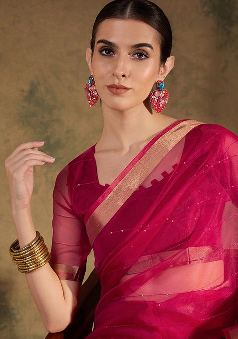Pink Zari Woven Organza Saree Set