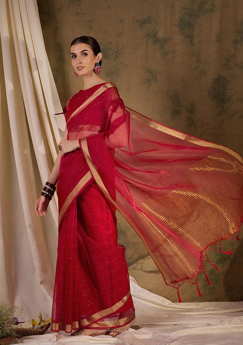 Red Zari Woven Organza Saree Set