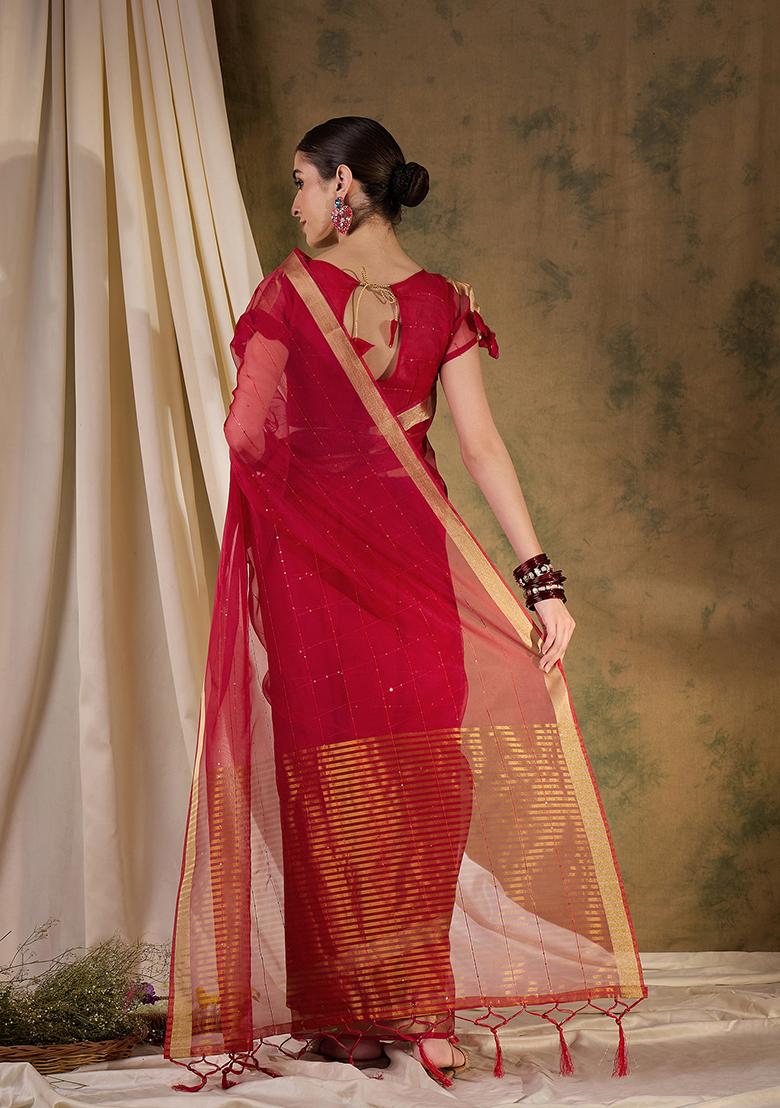 Red Zari Woven Organza Saree Set