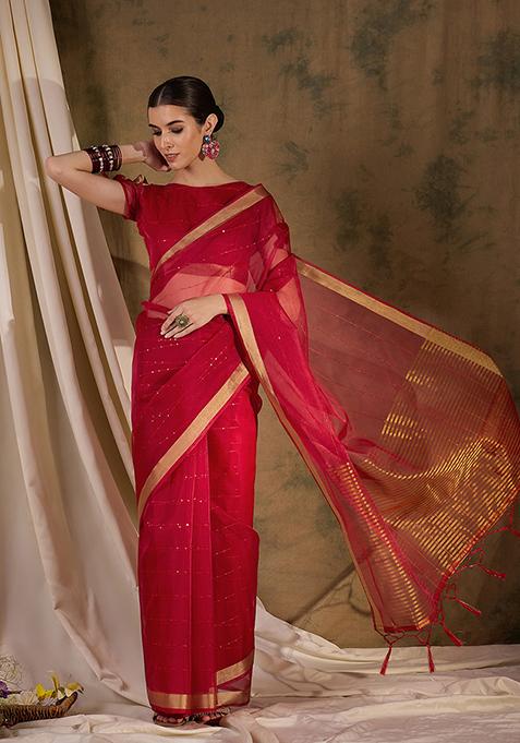 Red Zari Woven Organza Saree Set