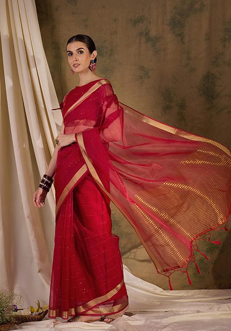 Red Zari Woven Organza Saree Set