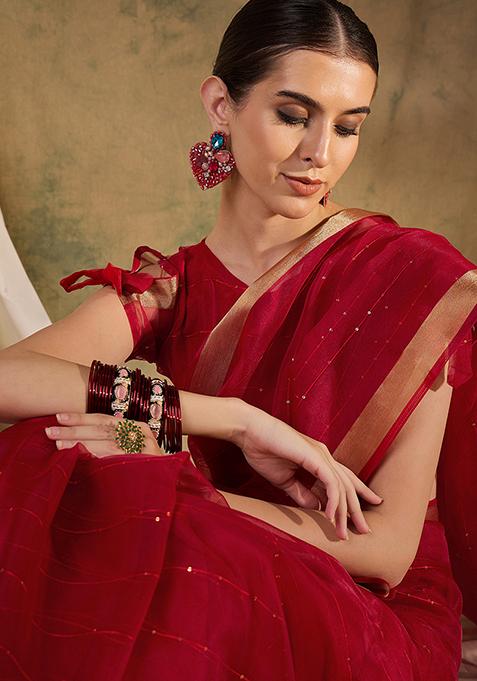 Red Zari Woven Organza Saree Set