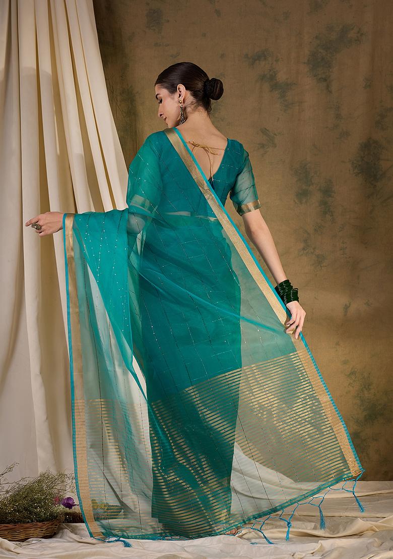 Teal Zari Woven Organza Saree Set