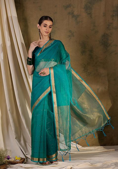 Teal Zari Woven Organza Saree Set