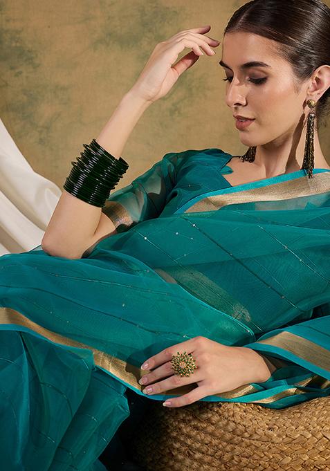 Teal Zari Woven Organza Saree Set