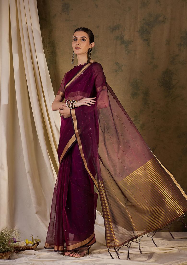 Wine Zari Woven Organza Saree Set