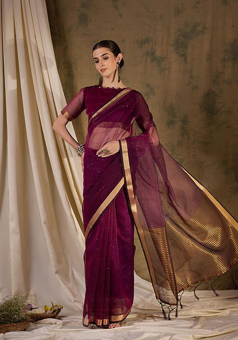 Wine Zari Woven Organza Saree Set