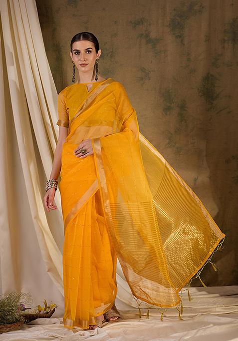 Yellow Zari Woven Organza Saree Set