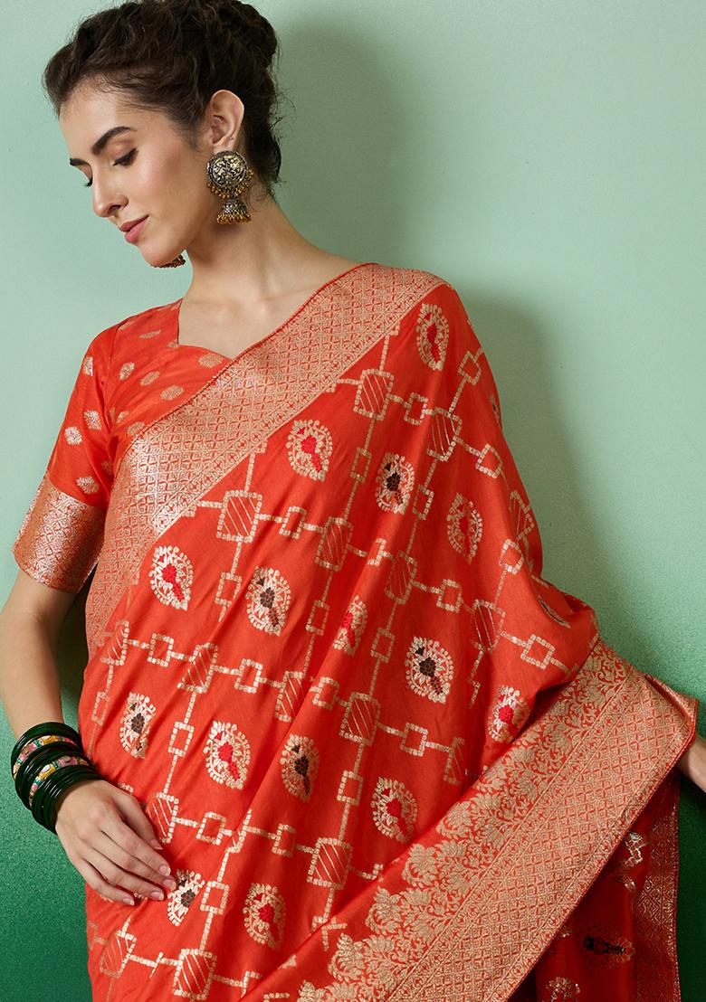 Orange Zari Woven Art Silk Saree Set