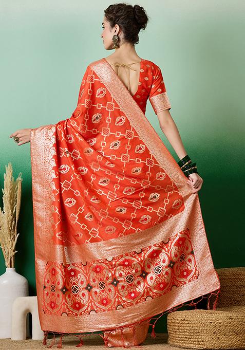 Orange Zari Woven Art Silk Saree Set
