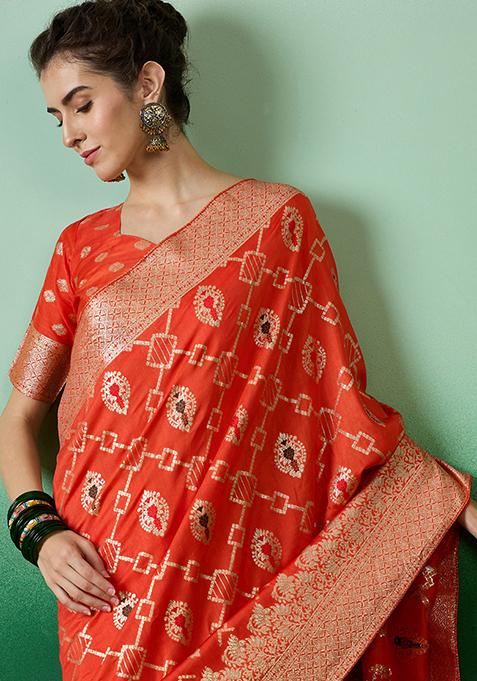 Orange Zari Woven Art Silk Saree Set