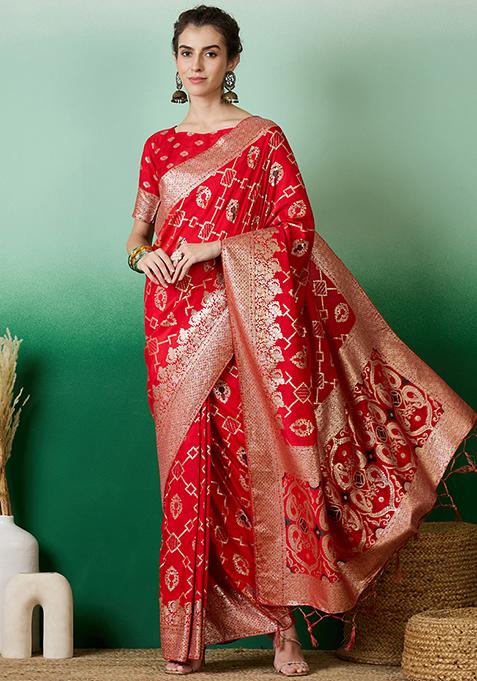 Red Zari Woven Art Silk Saree Set