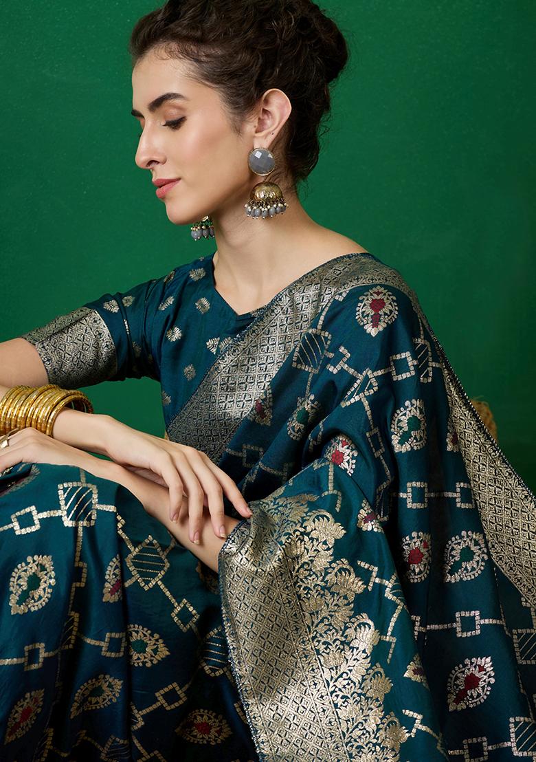 Teal Zari Woven Art Silk Saree Set