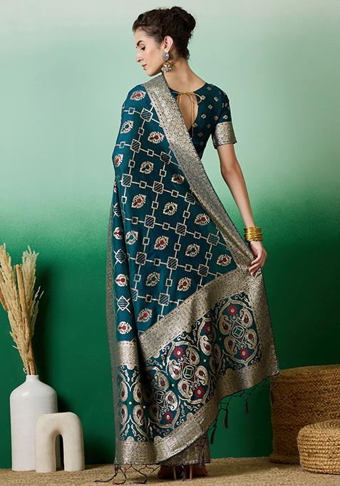 Teal Zari Woven Art Silk Saree Set
