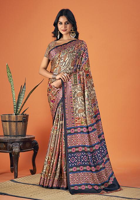 Multicolour Abstract Print Pashmina Saree Set