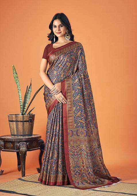 Multicolour Abstract Print Pashmina Saree Set