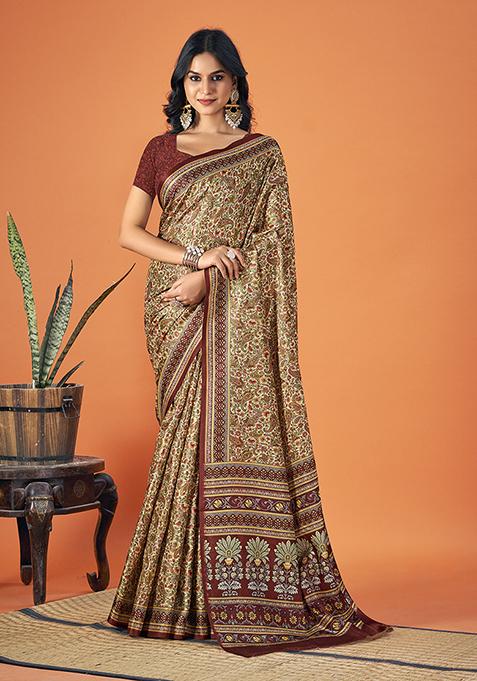 Multicolour Abstract Print Pashmina Saree Set