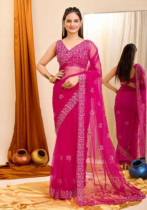 Pink Sequin Embroidered Net Saree Set