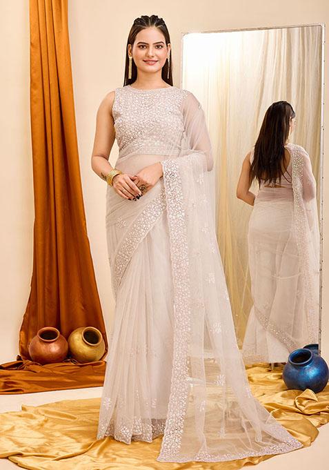 Off White Sequin Embroidered Net Saree Set