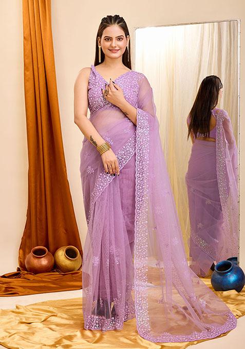 Purple Sequin Embroidered Net Saree Set