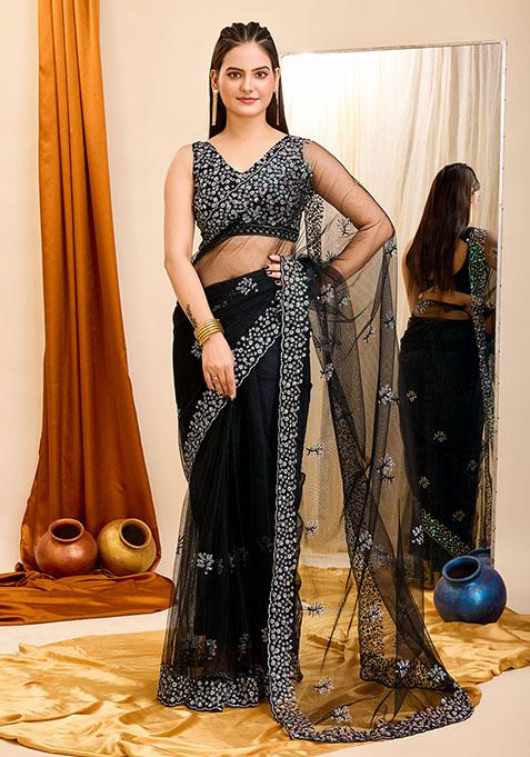 Black Sequin Embroidered Net Saree Set