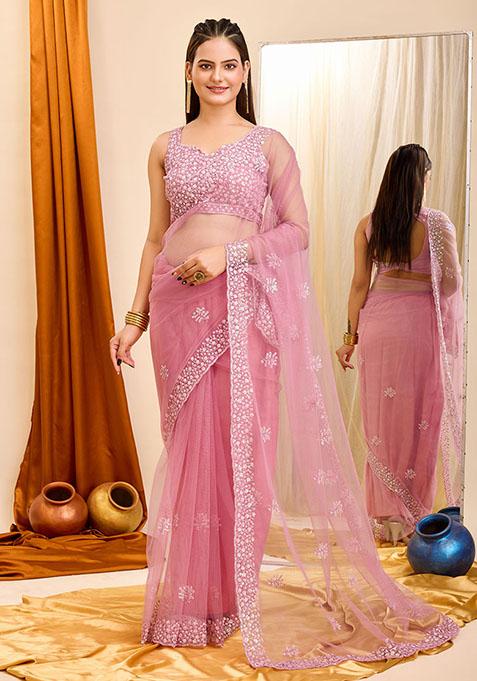 Pink Sequin Embroidered Net Saree Set