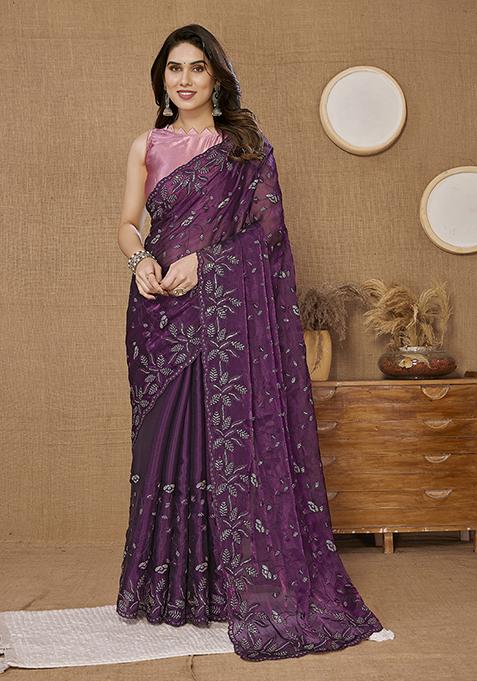 Violet Sequin Embroidered Art Silk Saree Set