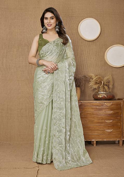 Green Sequin Embroidered Art Silk Saree Set