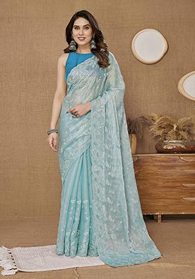 Sky Blue Sequin Embroidered Art Silk Saree Set