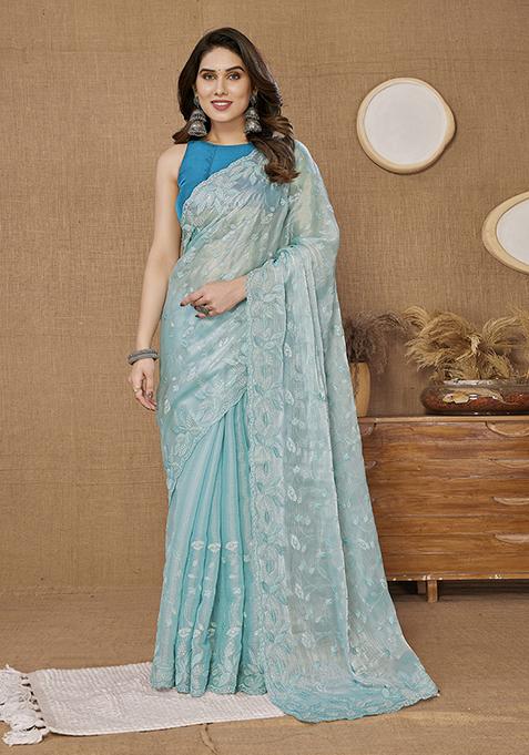 Sky Blue Sequin Embroidered Art Silk Saree Set