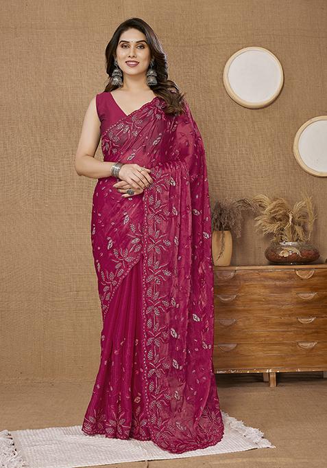 Pink Sequin Embroidered Art Silk Saree Set