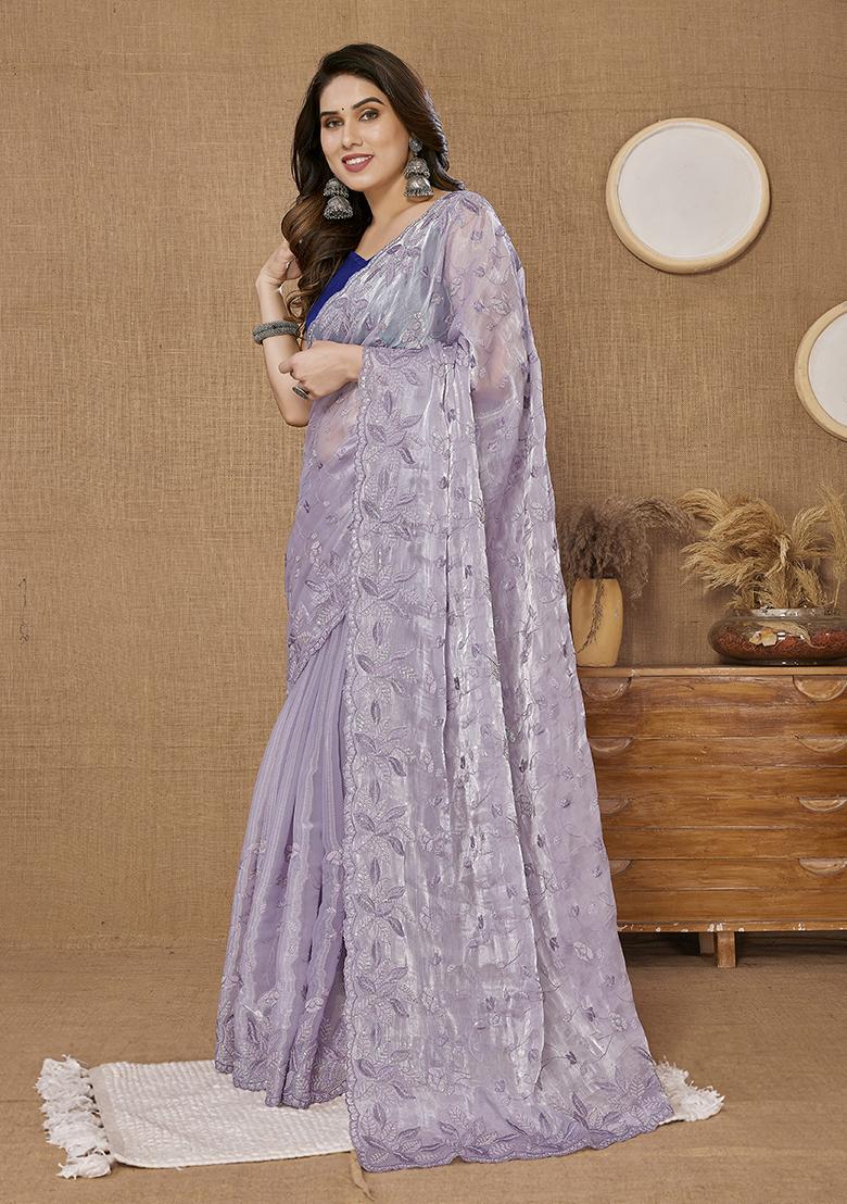 Purple Sequin Embroidered Art Silk Saree Set