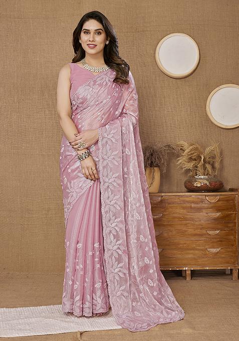 Pink Sequin Embroidered Art Silk Saree Set