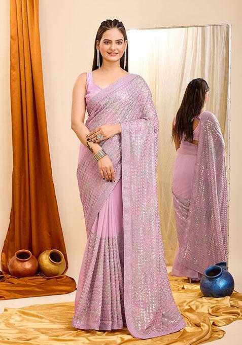 Purple Sequin Embroidered Georgette Saree Set