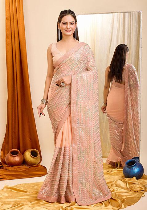 Peach Sequin Embroidered Georgette Saree Set