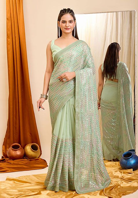 Green Sequin Embroidered Georgette Saree Set